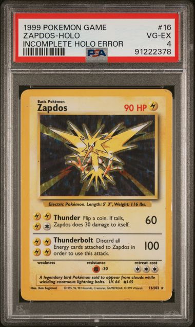 Pokemon Zapdos 15/62 Holo Error Unlimited Fossil - PSA 4