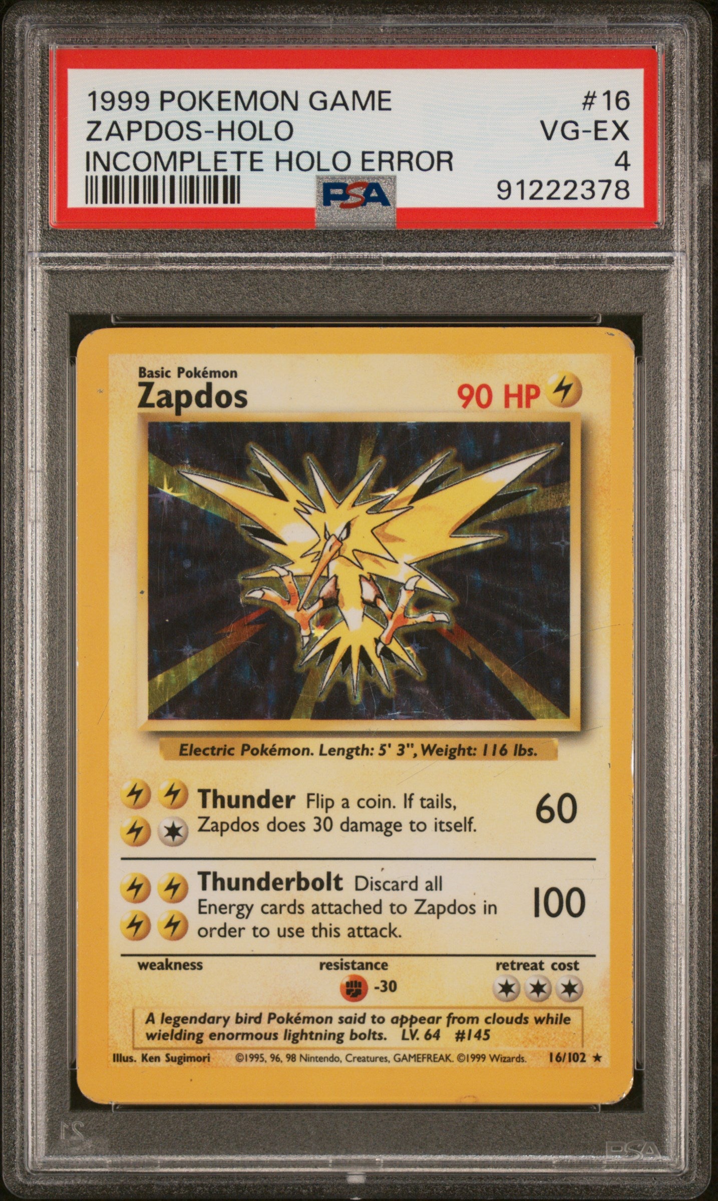 Zapdos Holo Incomplete Error - PSA 4